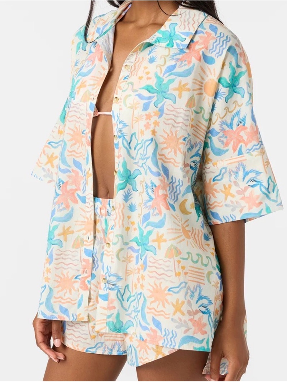 O'Neill Cream Pastel Seashell Print Cover-Up Shirt & Shorts Set